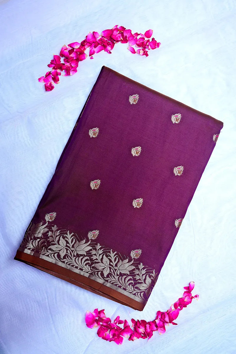 Deep Plum Banarasi Kataan Silk Saree with Antique Zari Floral Border & Butis (RLSS-142)