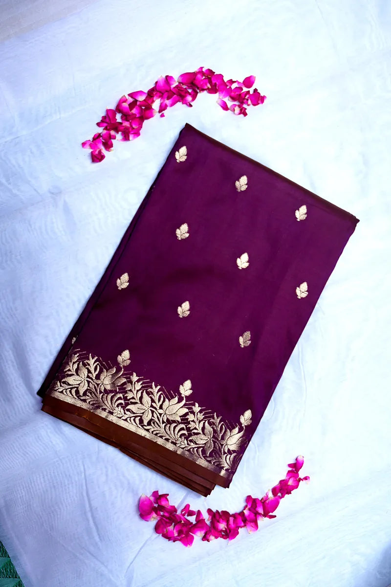 Deep Wine Handloom Katan Silk Saree Featuring Intricate Gold Zari Weaving (RLSS-145)