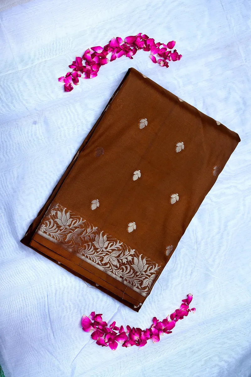Rich Chocolate Brown Banarasi Kataan Silk Saree with Antique Zari Floral Border & Butis (RLSS-143)