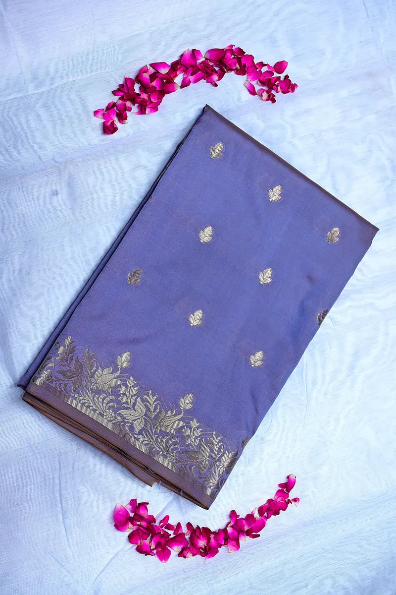 Pastel Slate Violet Banarasi Kataan Silk Saree featuring Delicate Leaf Buttis & Woven Zari Border (RLSS-149)