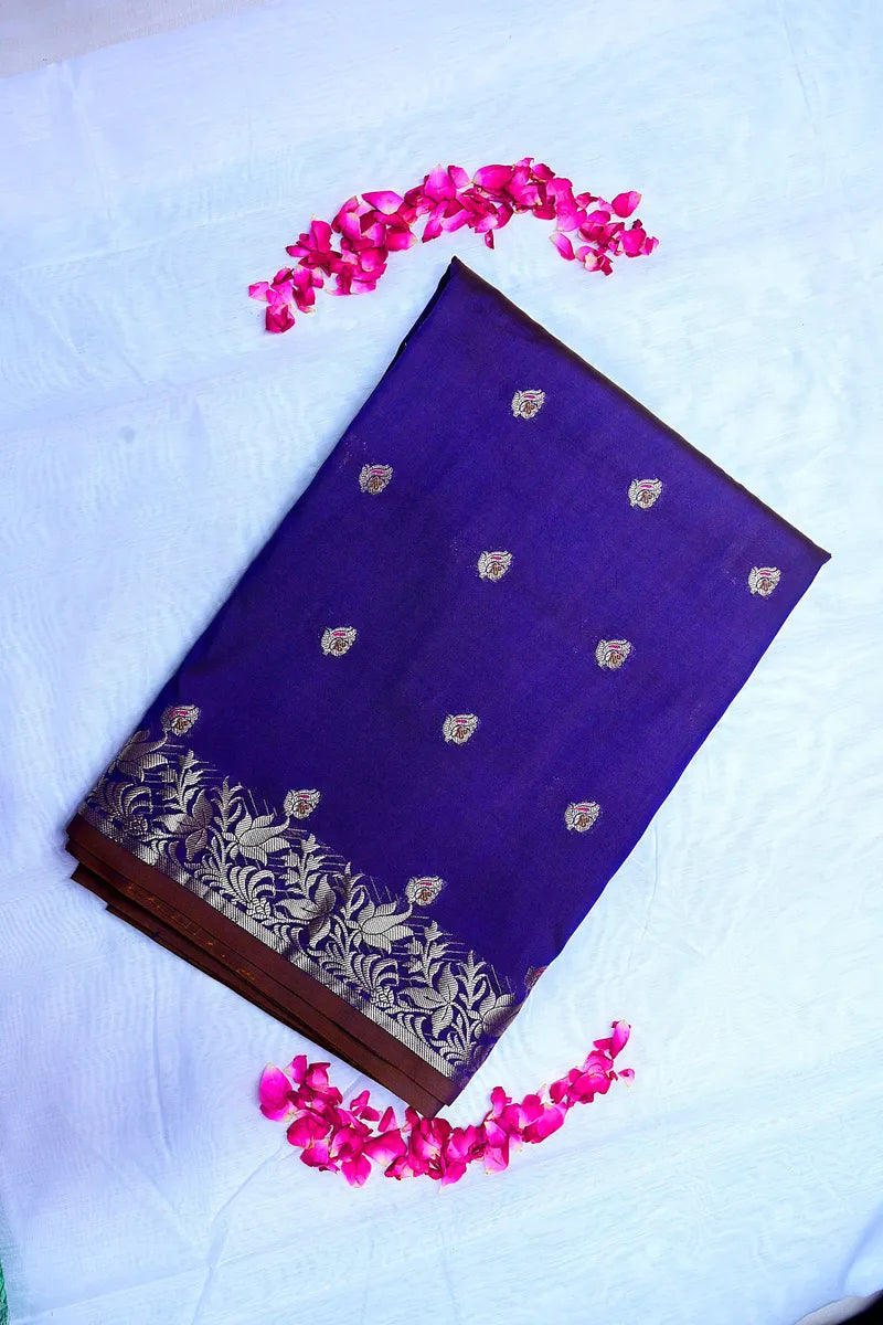 Elegant Royal Purple Banarasi Silk Saree with Antique Gold Zari Floral Border & Small Bootis (RLSS-148)