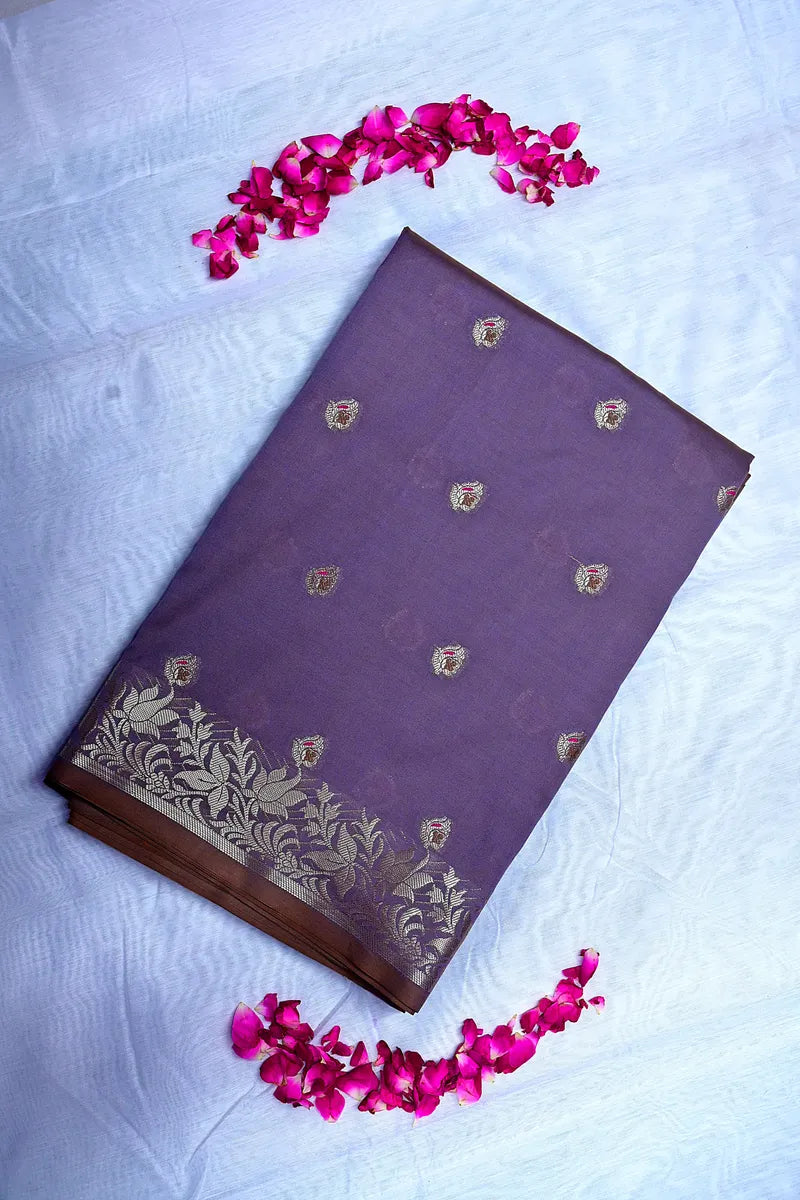 Dusty Violet Soft Banarasi Kataan Silk Saree featuring Intricate Floral Zari Border (RLSS-141)