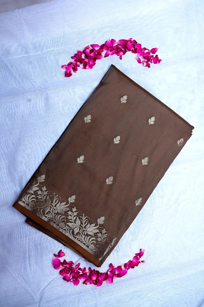 Deep Coffee Brown Soft Banarasi Kataan Silk Saree featuring Delicate Woven Floral Zari Border (RLSS-150)