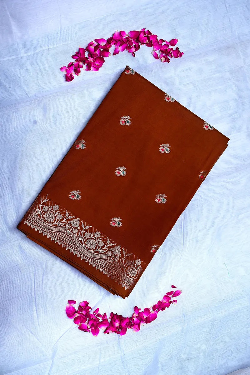 Rust Orange Banarasi Soft Kataan  Silk Saree with Antique Zari Floral Border & Meenakari Butis (RLSS-144)