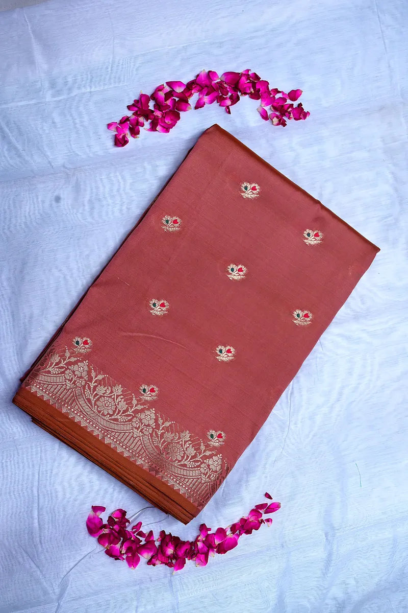 Rust Orange Handloom Banarasi Kataan Silk Saree with Gold Zari Floral Border & Meena Highlights (RLSS-146)