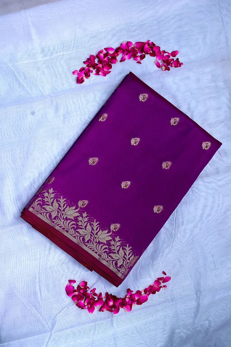 Deep Purple Banarasi Kataan Silk Saree with Golden  Zari Floral Border & Small Bootas(RLSS-139)