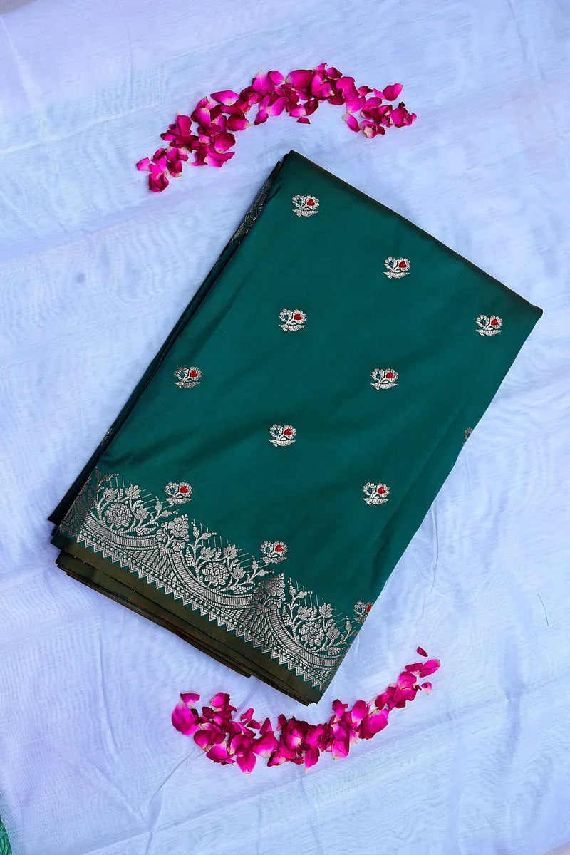 Bottle Green Banarasi Kataan Silk Saree with Meenakari Floral Bootis(RLSS-138)