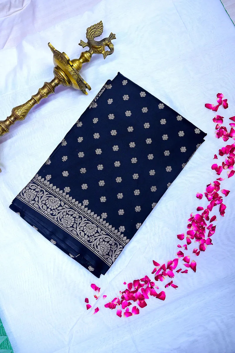 Navy Blue Banarasi Kataan Silk Saree with Golden Zari Floral Butis & Woven Border(RLSS-135)