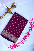 Deep Wine Banarasi Kataan Silk Saree with Golden Zari Floral Butis & Woven Border(RLSS-134)