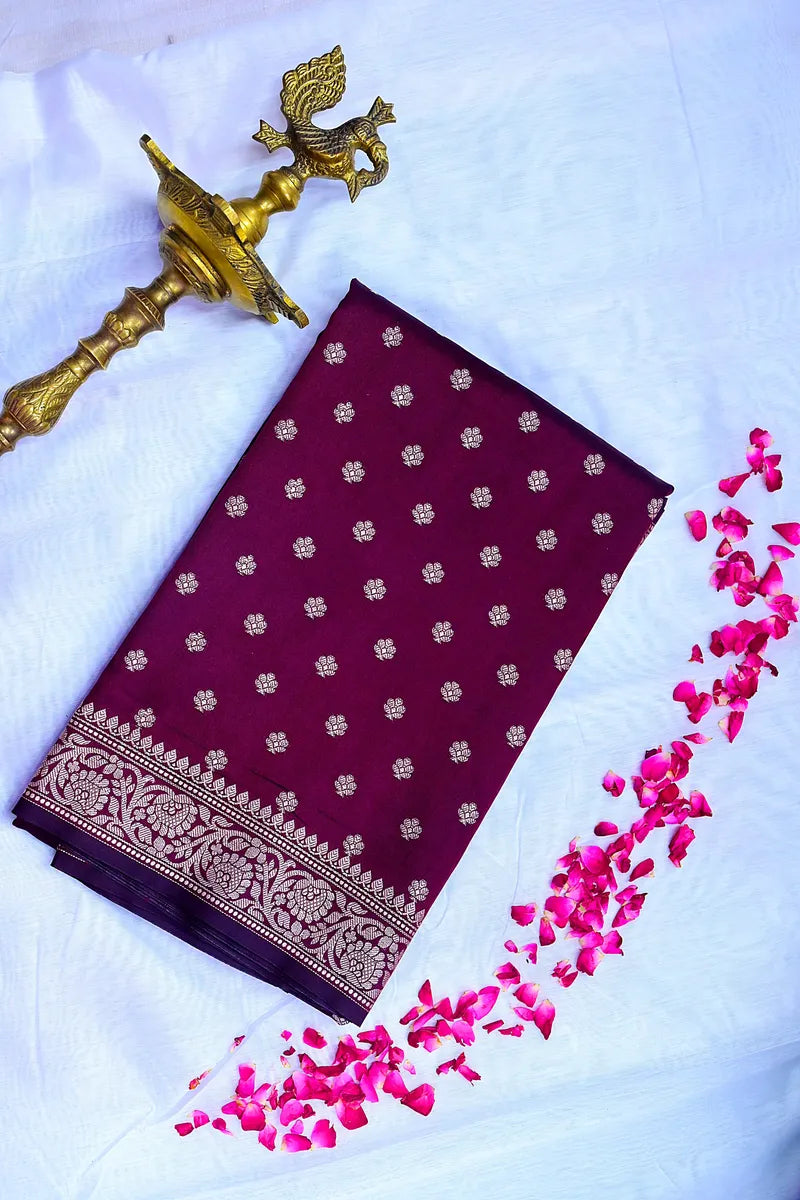 Deep Wine Banarasi Kataan Silk Saree with Golden Zari Floral Butis & Woven Border(RLSS-134)