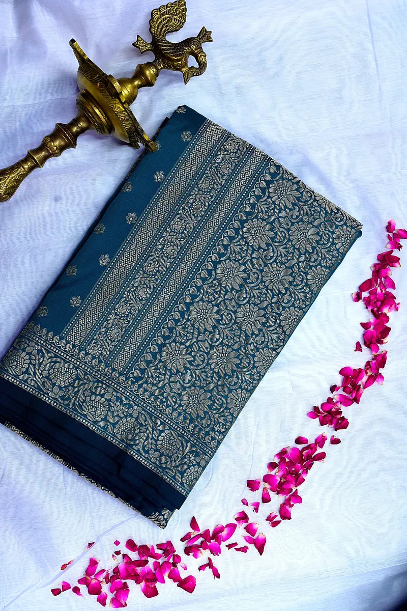 Teal Blue Silk Saree with Heavy Golden Zari Pallu & Floral Border(RLSS-136)