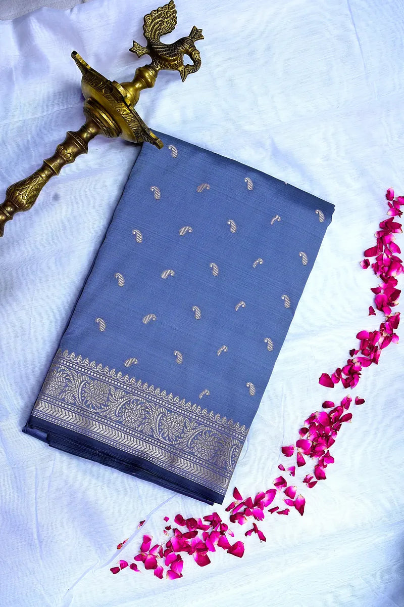 Slate Grey Banarasi Kataan Silk Saree with Golden  Zari Paisley Motifs & Woven Border(RLSS-133)