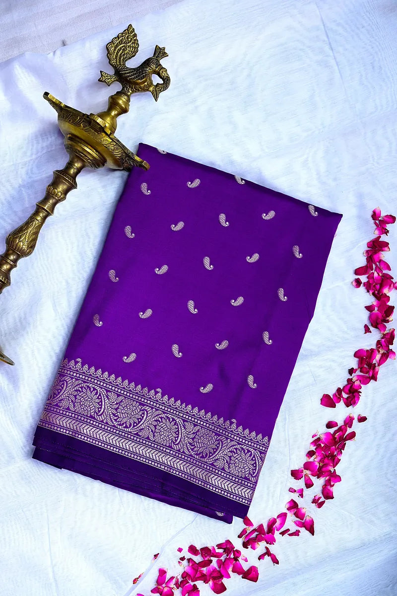 Royal Purple Banarasi Kataan Silk Saree with Golden  Zari Paisley Motifs & Woven Border(RLSS-132)