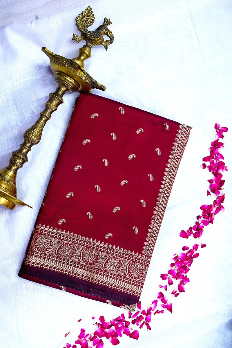 Crimson Red Banarasi Kataan Silk Saree with Golden Zari Paisley Motifs & Woven Border(RLSS-131)