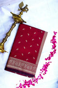 Crimson Red Banarasi Kataan Silk Saree with Golden Zari Paisley Motifs & Woven Border(RLSS-131)