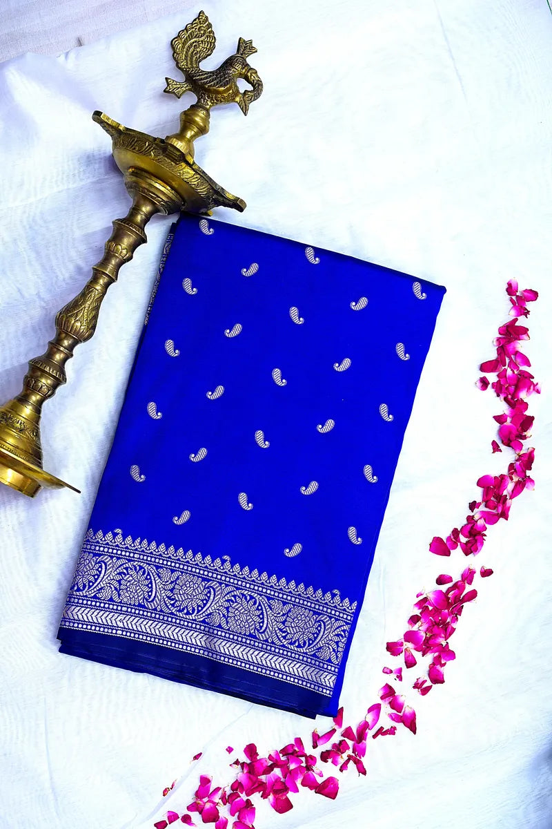 Royal Blue Silk Saree with Silver Zari Paisley Motifs & Woven Border (RLSS-130)