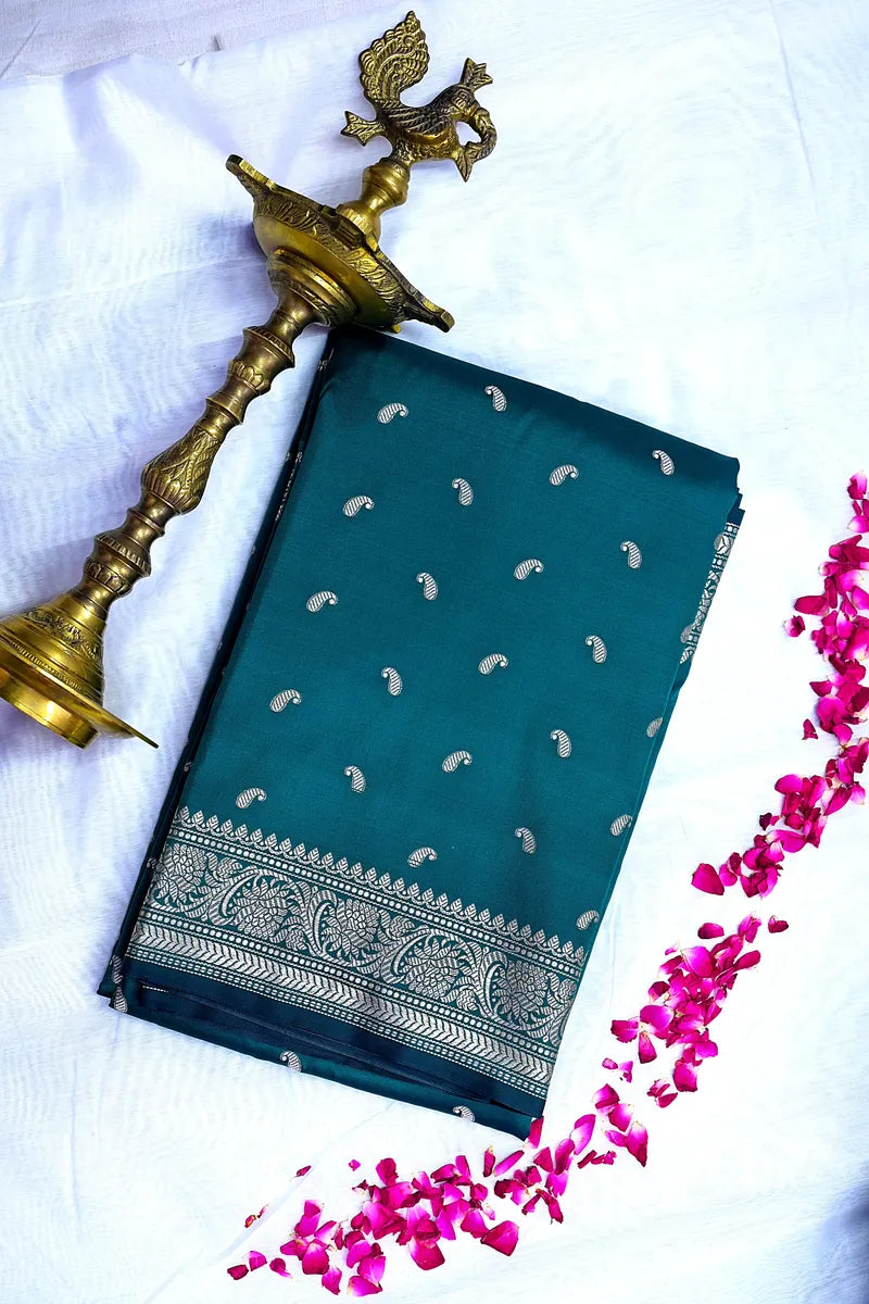 Peacock Blue Banarasi Kataan Silk Saree with Golden Zari Paisley Motifs & Woven Border(RLSS-129)