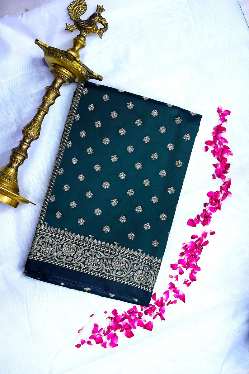 Bottle Green Banarasi Kataan  Silk Saree with Golden Zari Floral Butis & Woven Border(RLSS-127)