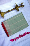 Handloom Sage Green Banarasi Katan Silk Saree with Red Temple Border (RLSS-125)