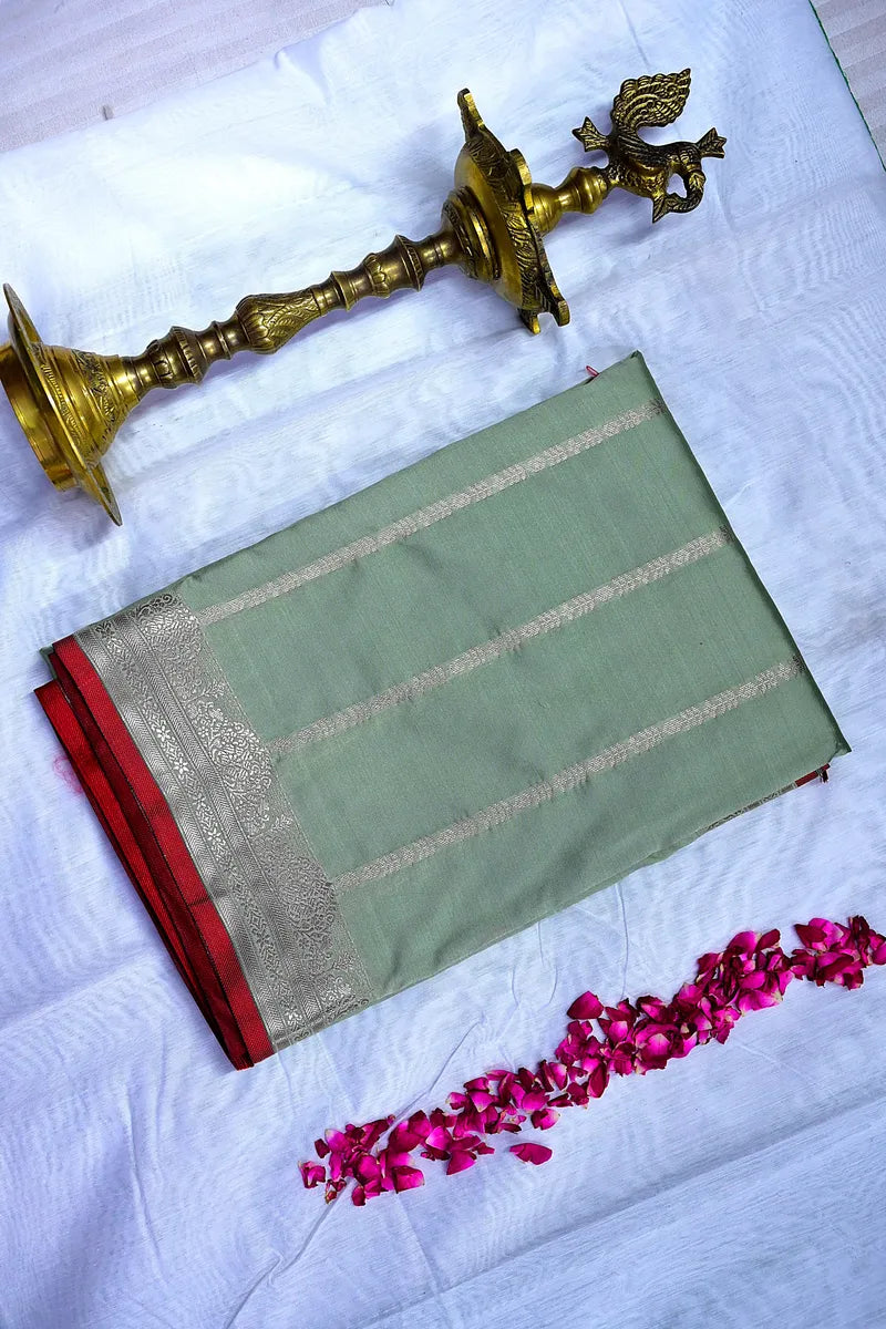 Handloom Sage Green Banarasi Katan Silk Saree with Red Temple Border (RLSS-125)