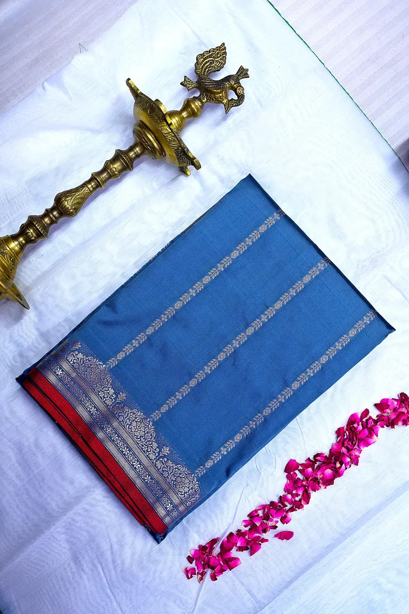 Heritage Royal Blue Silk Saree with Contrast Red Temple Border (RLSS-124)