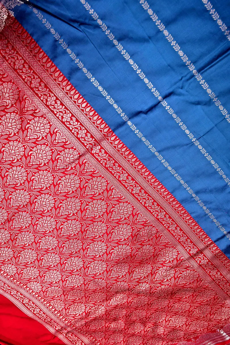 Heritage Royal Blue Silk Saree with Contrast Red Temple Border (RLSS-124)
