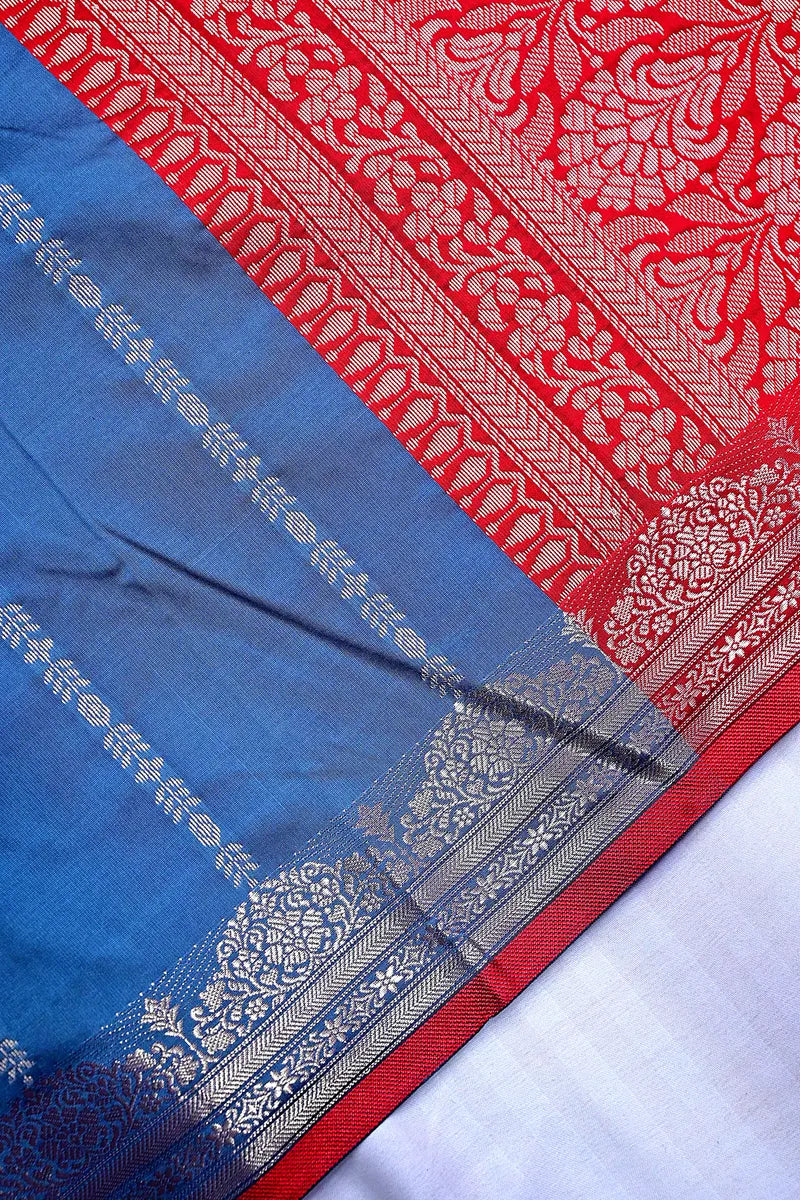 Heritage Royal Blue Silk Saree with Contrast Red Temple Border (RLSS-124)