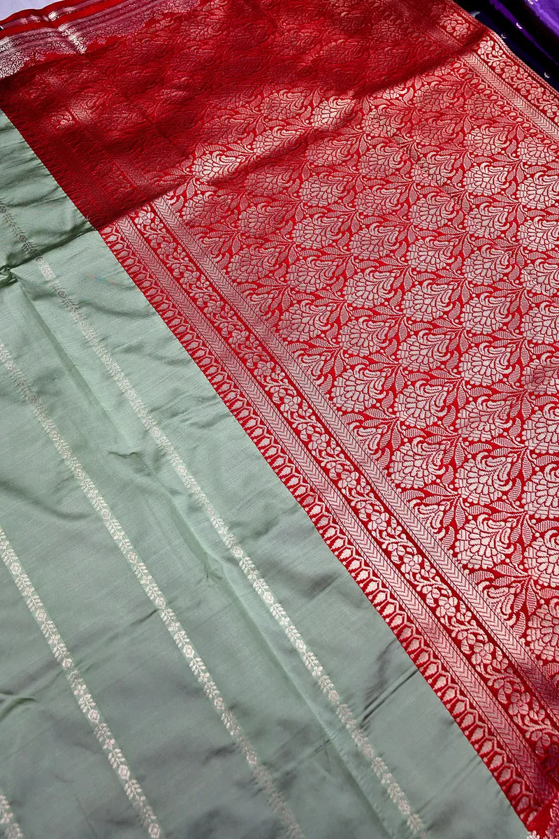 Handloom Sage Green Banarasi Katan Silk Saree with Red Temple Border (RLSS-125)