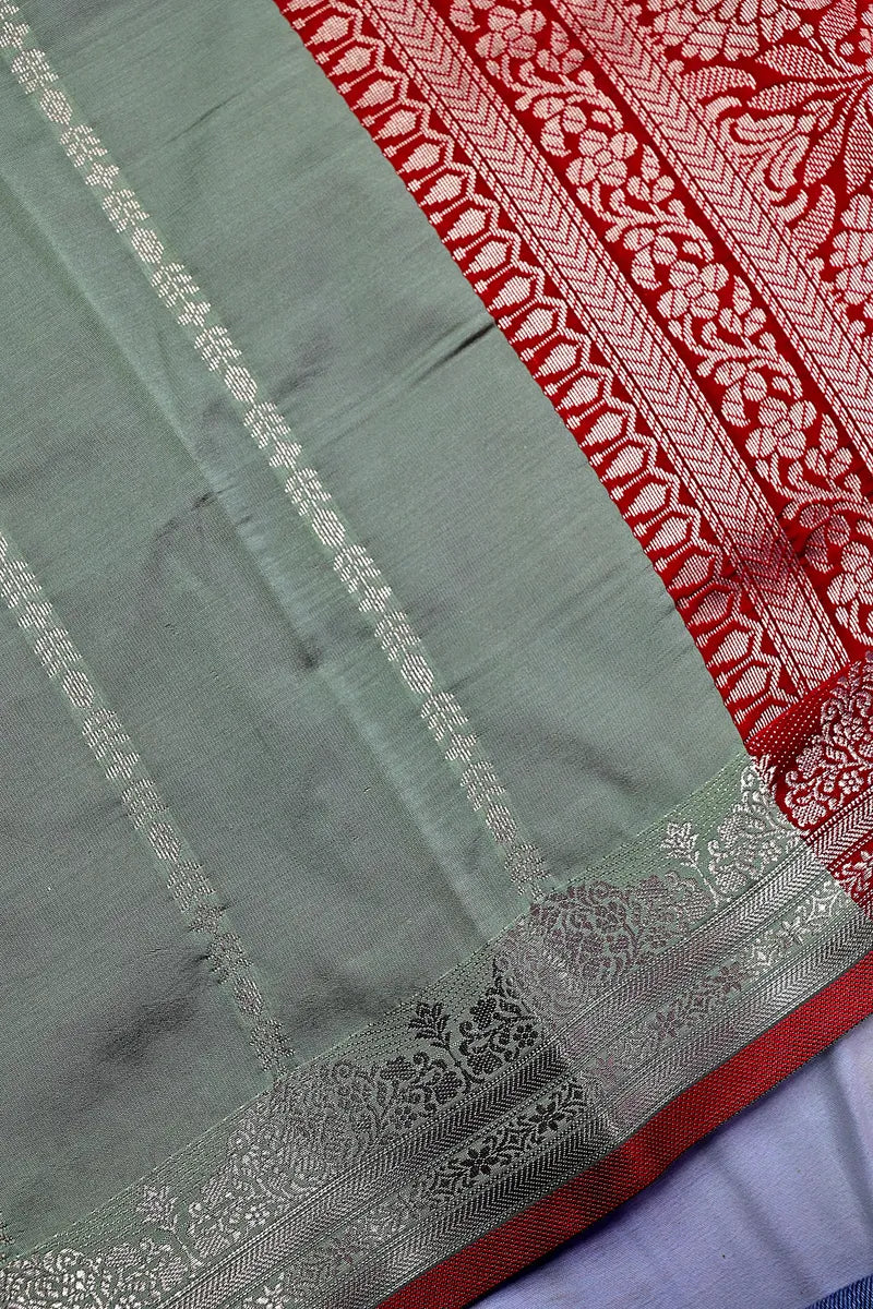 Handloom Sage Green Banarasi Katan Silk Saree with Red Temple Border (RLSS-125)