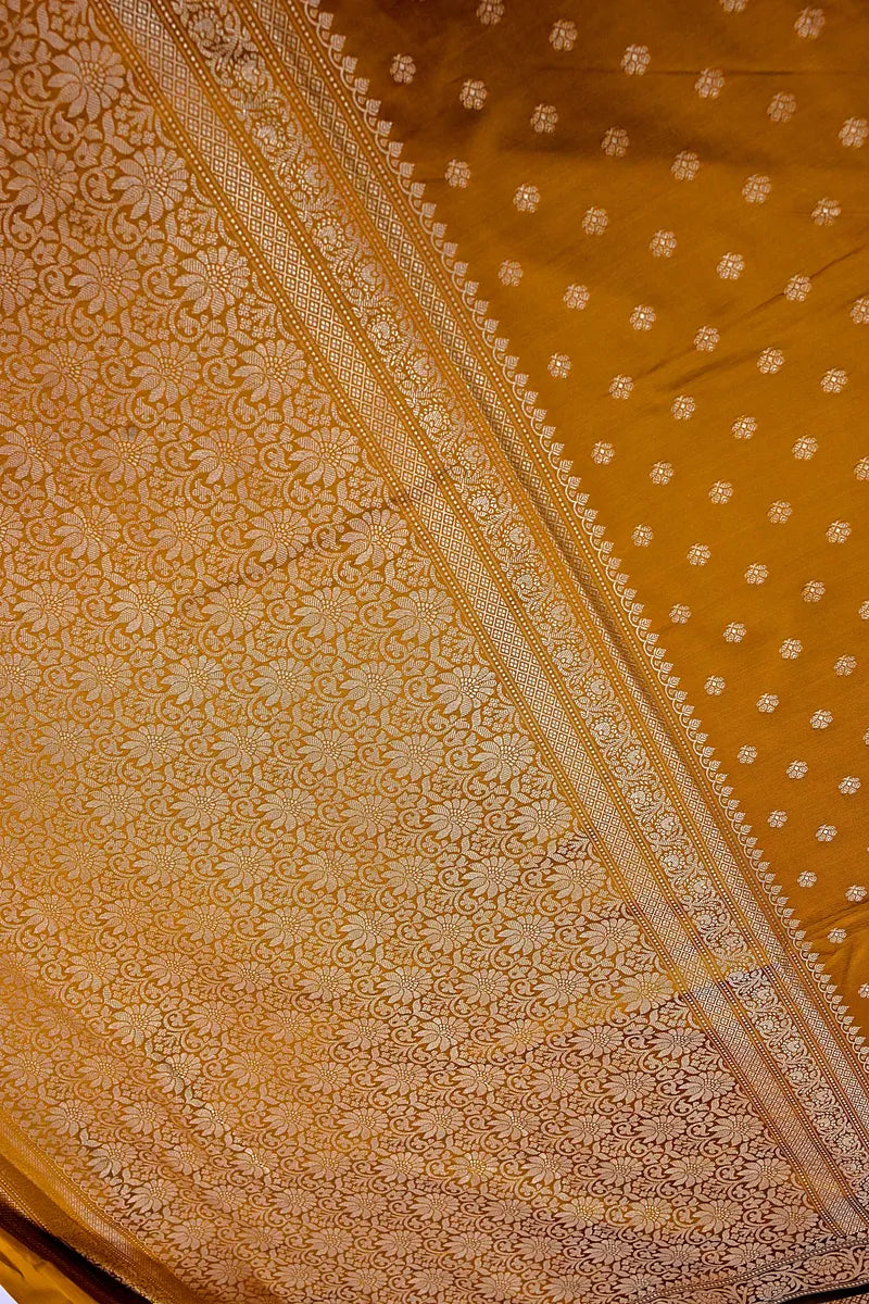 Rich Mustard Brown Handloom Banarasi Kataan Silk Saree with Golden Zari Butis & Floral Border(RLSS-126)