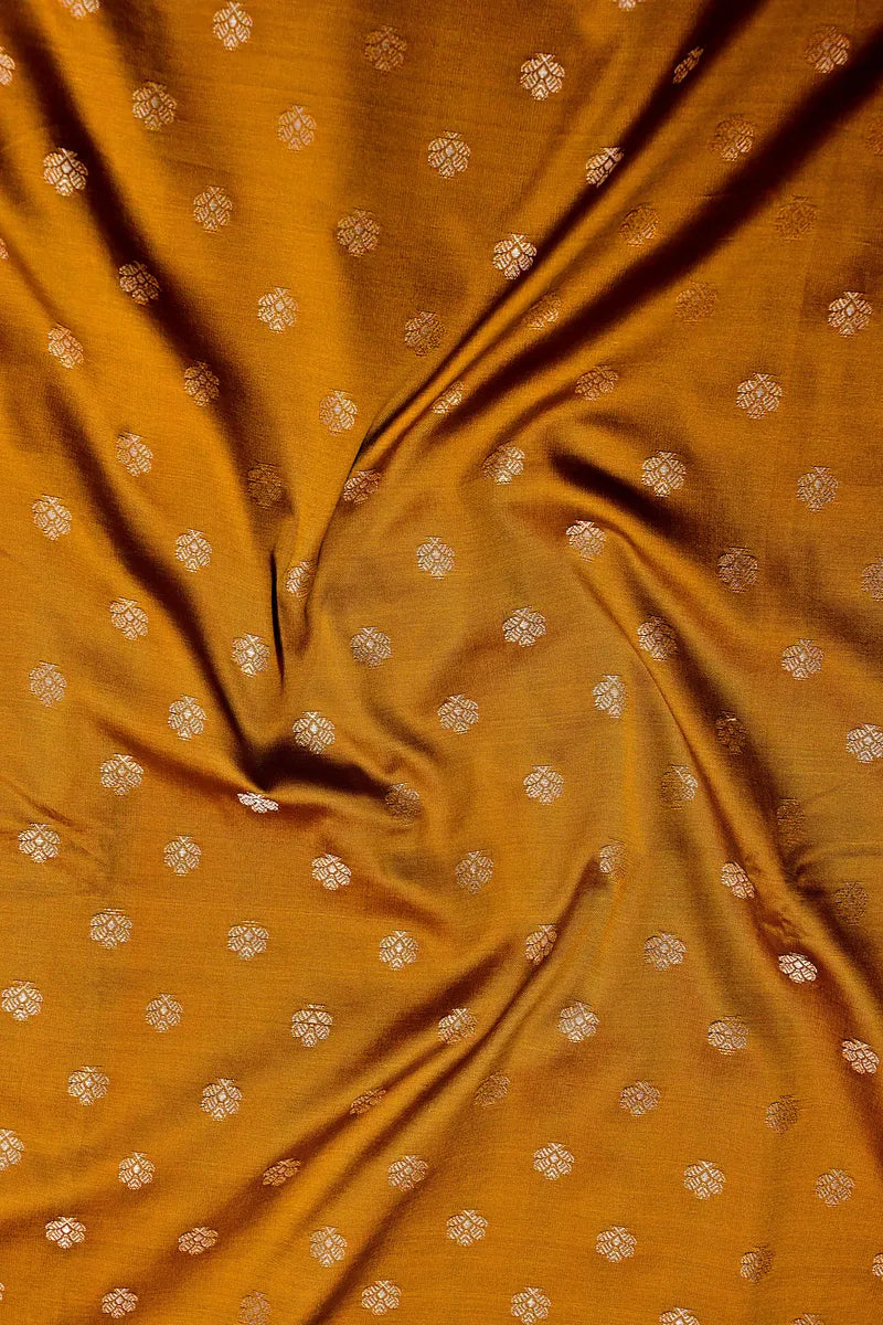 Rich Mustard Brown Handloom Banarasi Kataan Silk Saree with Golden Zari Butis & Floral Border(RLSS-126)