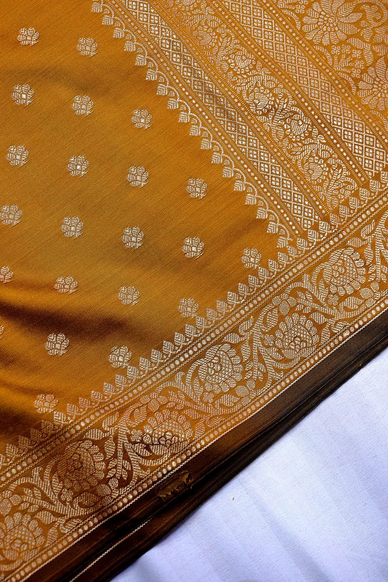 Rich Mustard Brown Handloom Banarasi Kataan Silk Saree with Golden Zari Butis & Floral Border(RLSS-126)