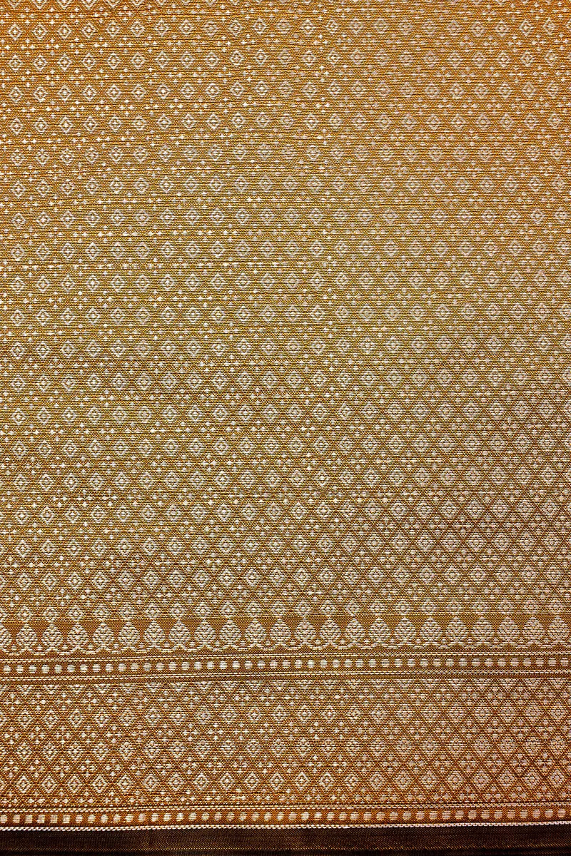 Rich Mustard Brown Handloom Banarasi Kataan Silk Saree with Golden Zari Butis & Floral Border(RLSS-126)