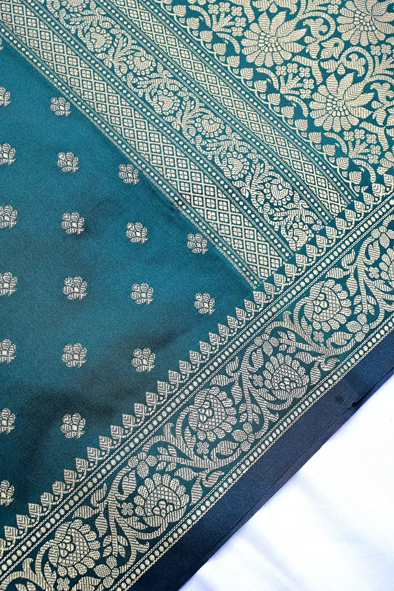 Bottle Green Banarasi Kataan  Silk Saree with Golden Zari Floral Butis & Woven Border(RLSS-127)