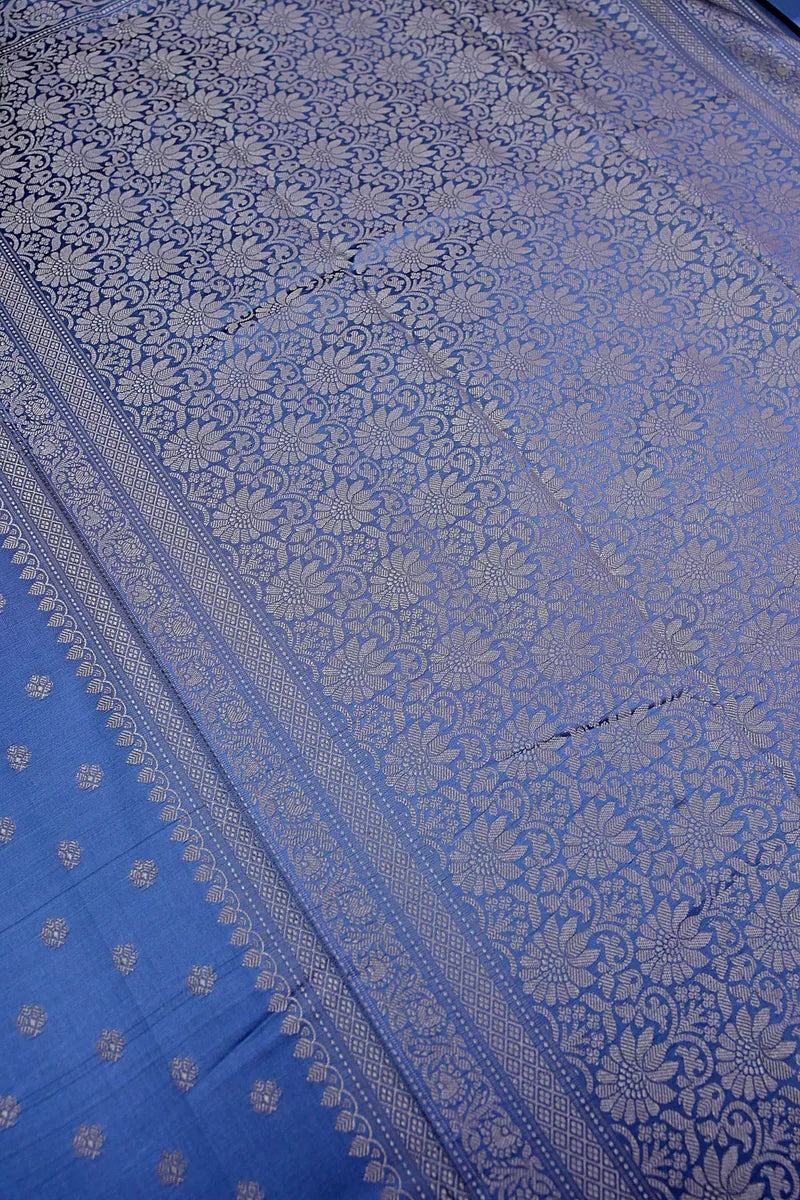 Slate Blue Banarasi Kataan Silk Saree with Antique Golden Zari Butis & Woven Border(RLSS-128)