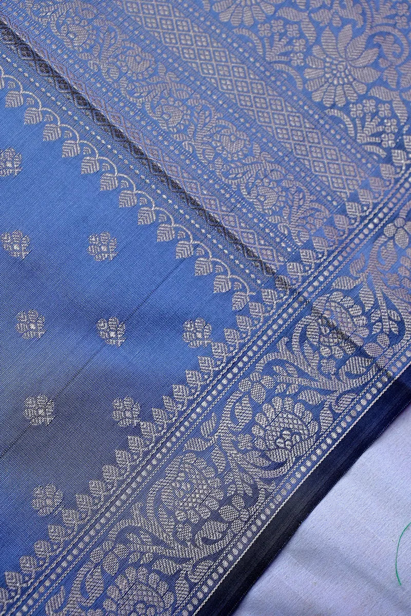 Slate Blue Banarasi Kataan Silk Saree with Antique Golden Zari Butis & Woven Border(RLSS-128)