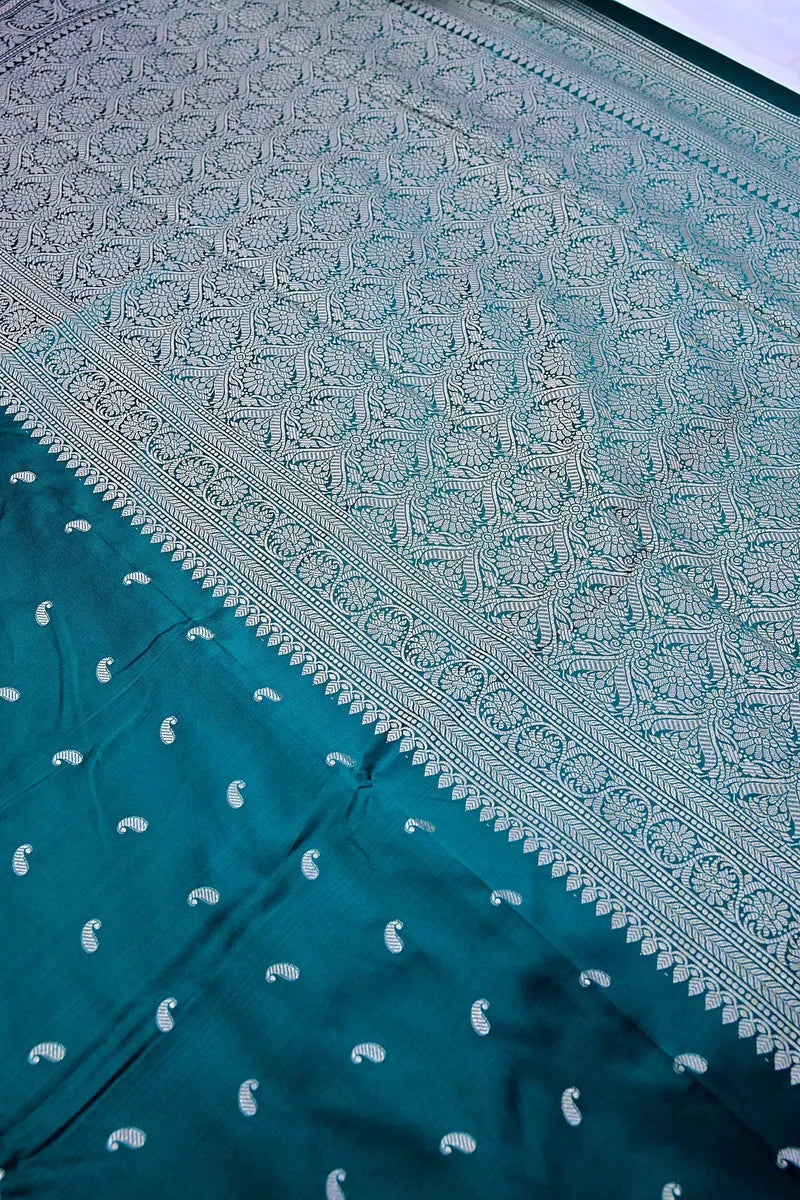 Peacock Blue Banarasi Kataan Silk Saree with Golden Zari Paisley Motifs & Woven Border(RLSS-129)