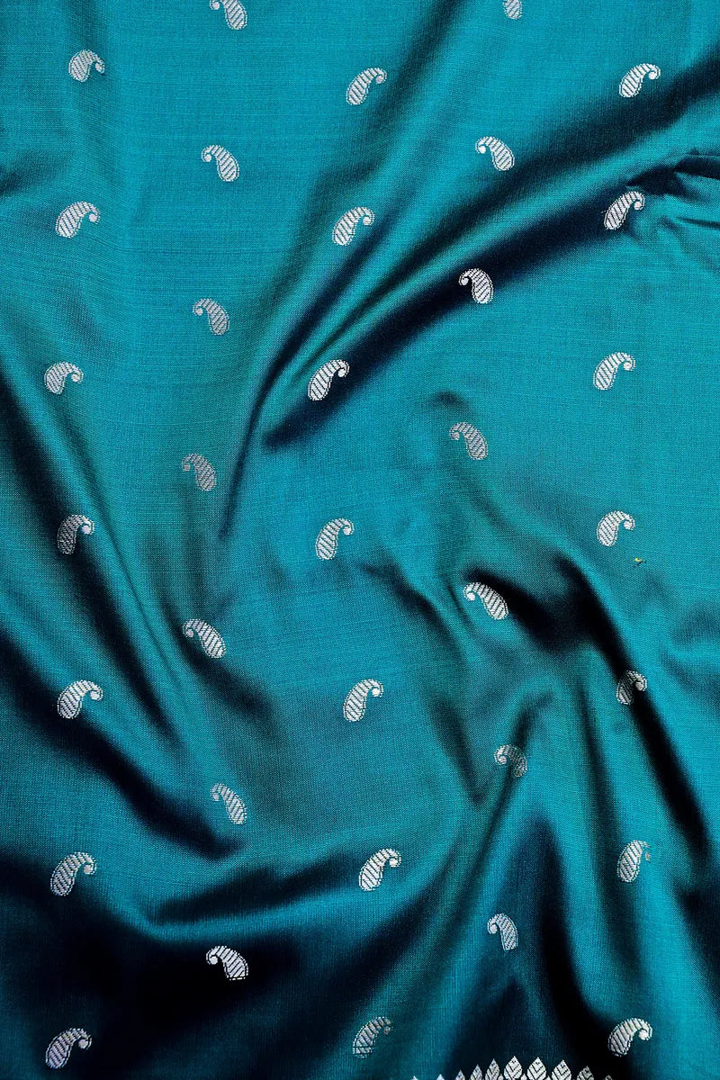 Peacock Blue Banarasi Kataan Silk Saree with Golden Zari Paisley Motifs & Woven Border(RLSS-129)