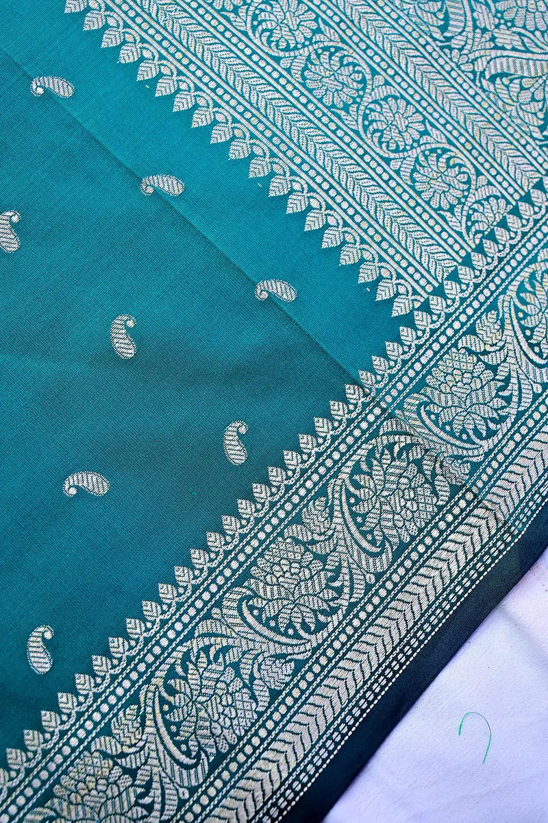 Peacock Blue Banarasi Kataan Silk Saree with Golden Zari Paisley Motifs & Woven Border(RLSS-129)