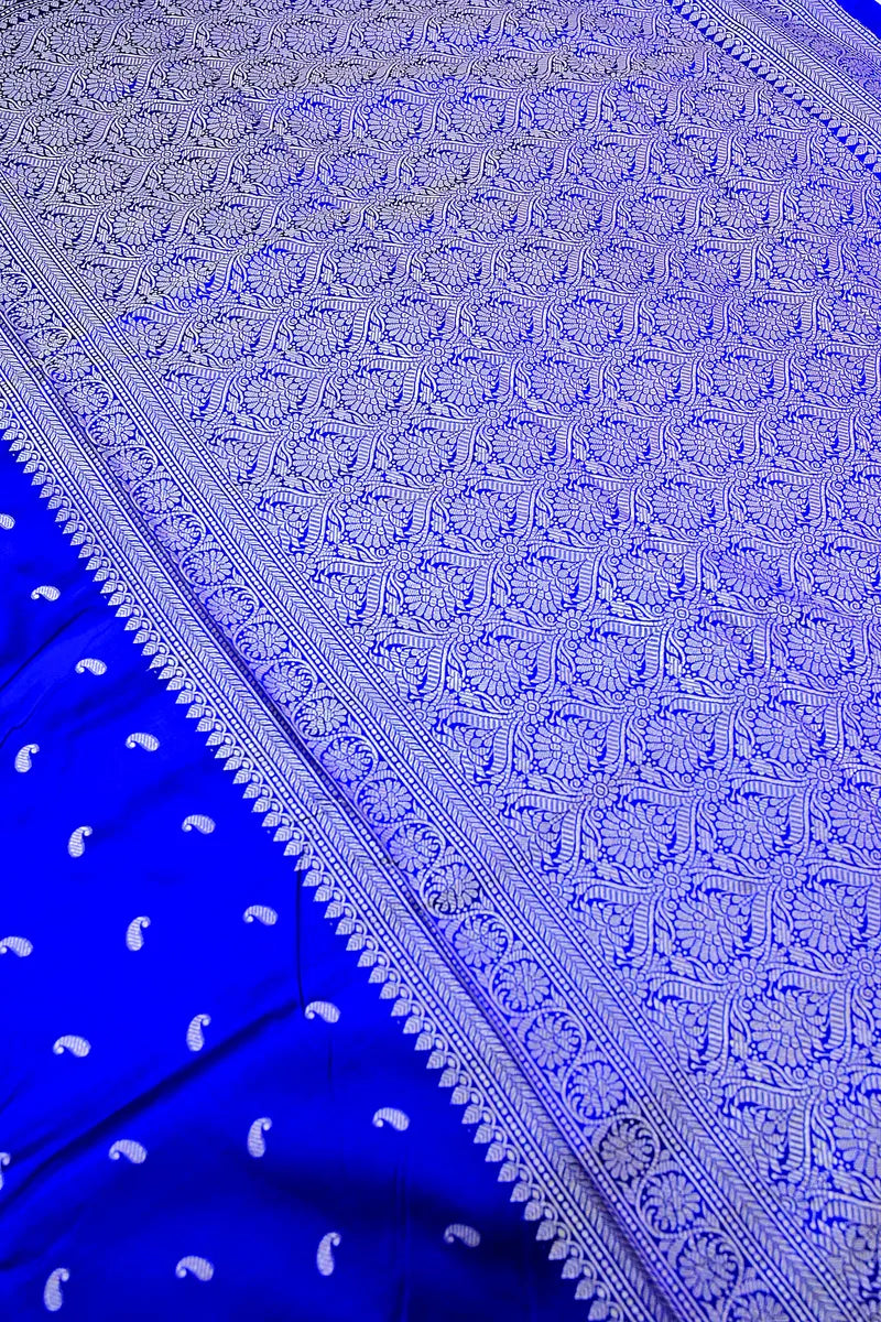 Royal Blue Silk Saree with Silver Zari Paisley Motifs & Woven Border (RLSS-130)