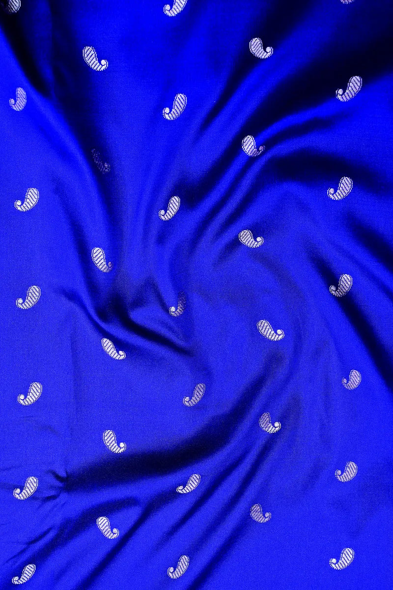 Royal Blue Silk Saree with Silver Zari Paisley Motifs & Woven Border (RLSS-130)