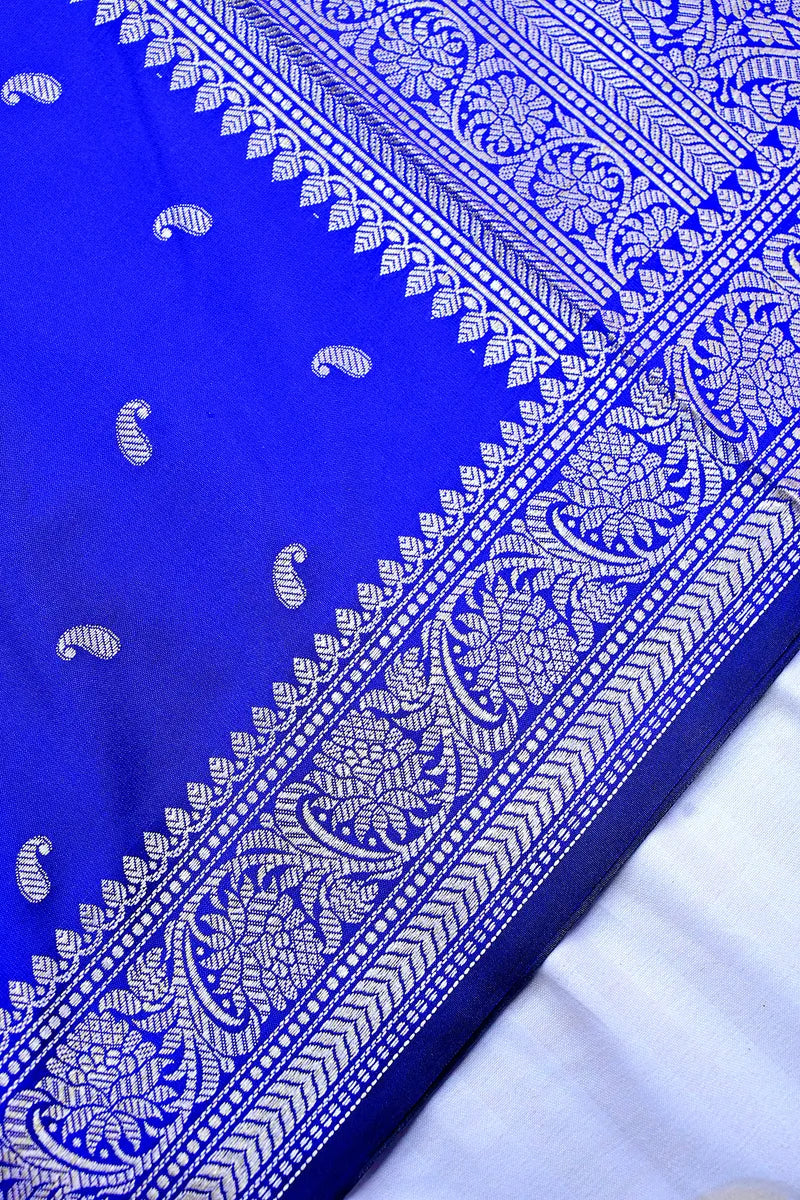 Royal Blue Silk Saree with Silver Zari Paisley Motifs & Woven Border (RLSS-130)