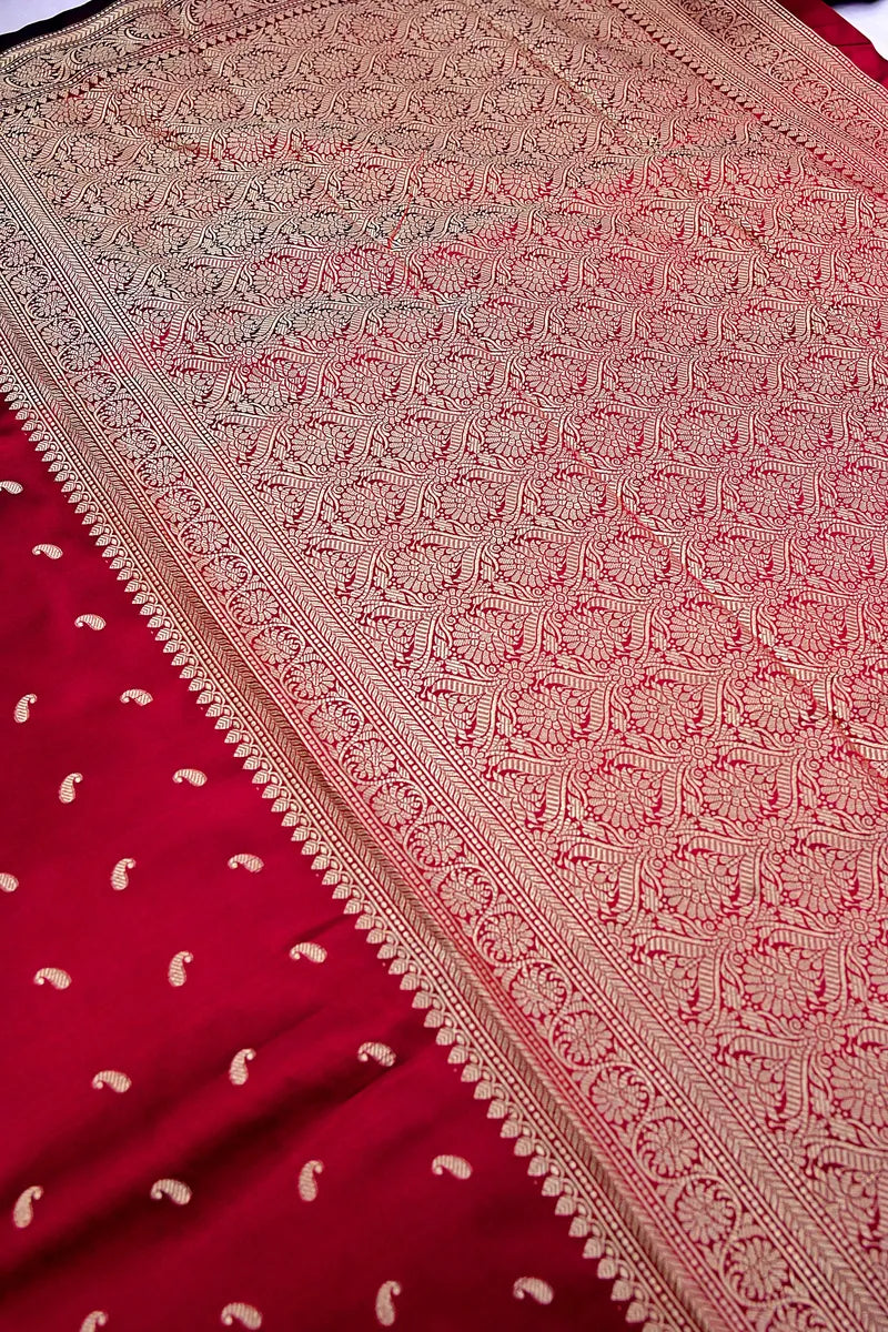 Crimson Red Banarasi Kataan Silk Saree with Golden Zari Paisley Motifs & Woven Border(RLSS-131)