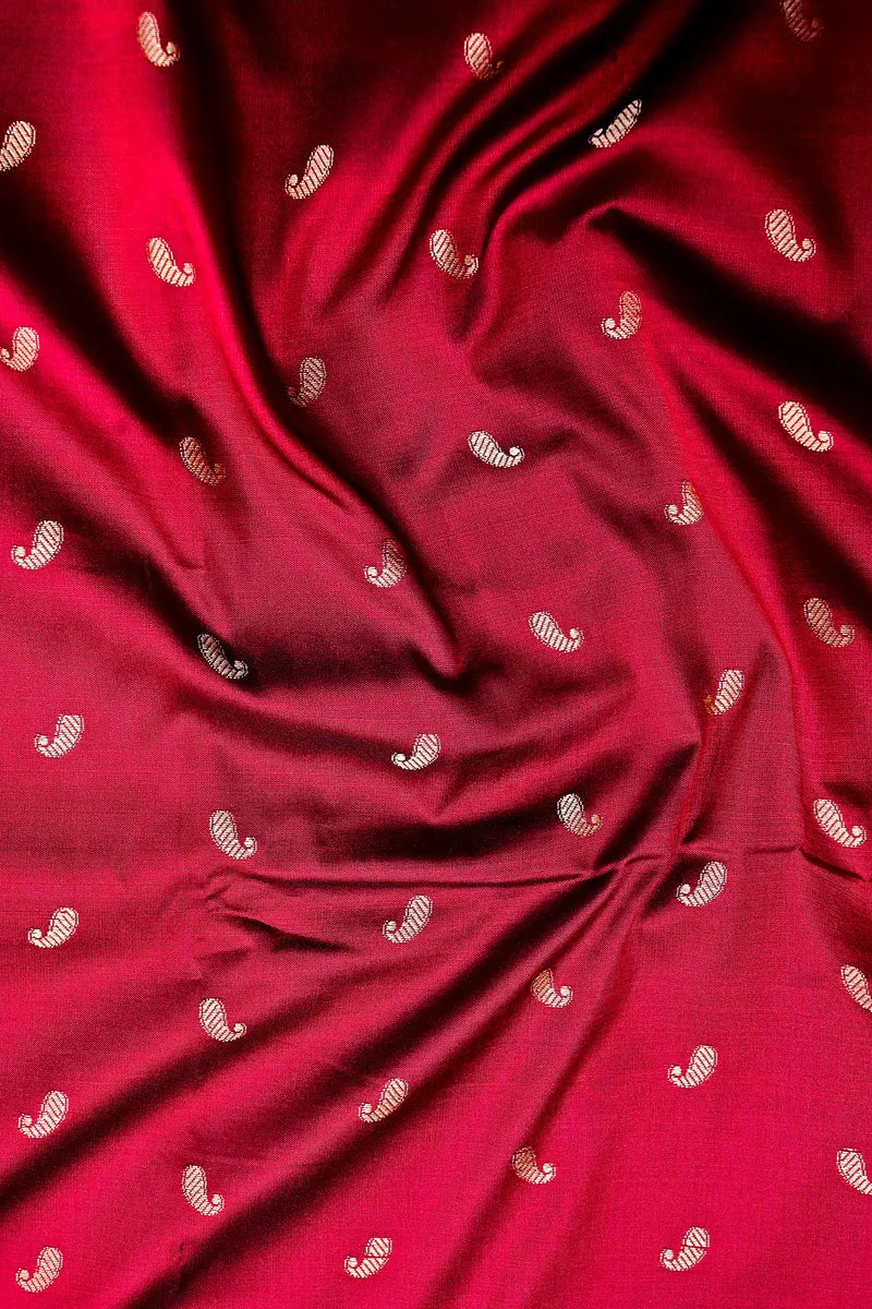 Crimson Red Banarasi Kataan Silk Saree with Golden Zari Paisley Motifs & Woven Border(RLSS-131)