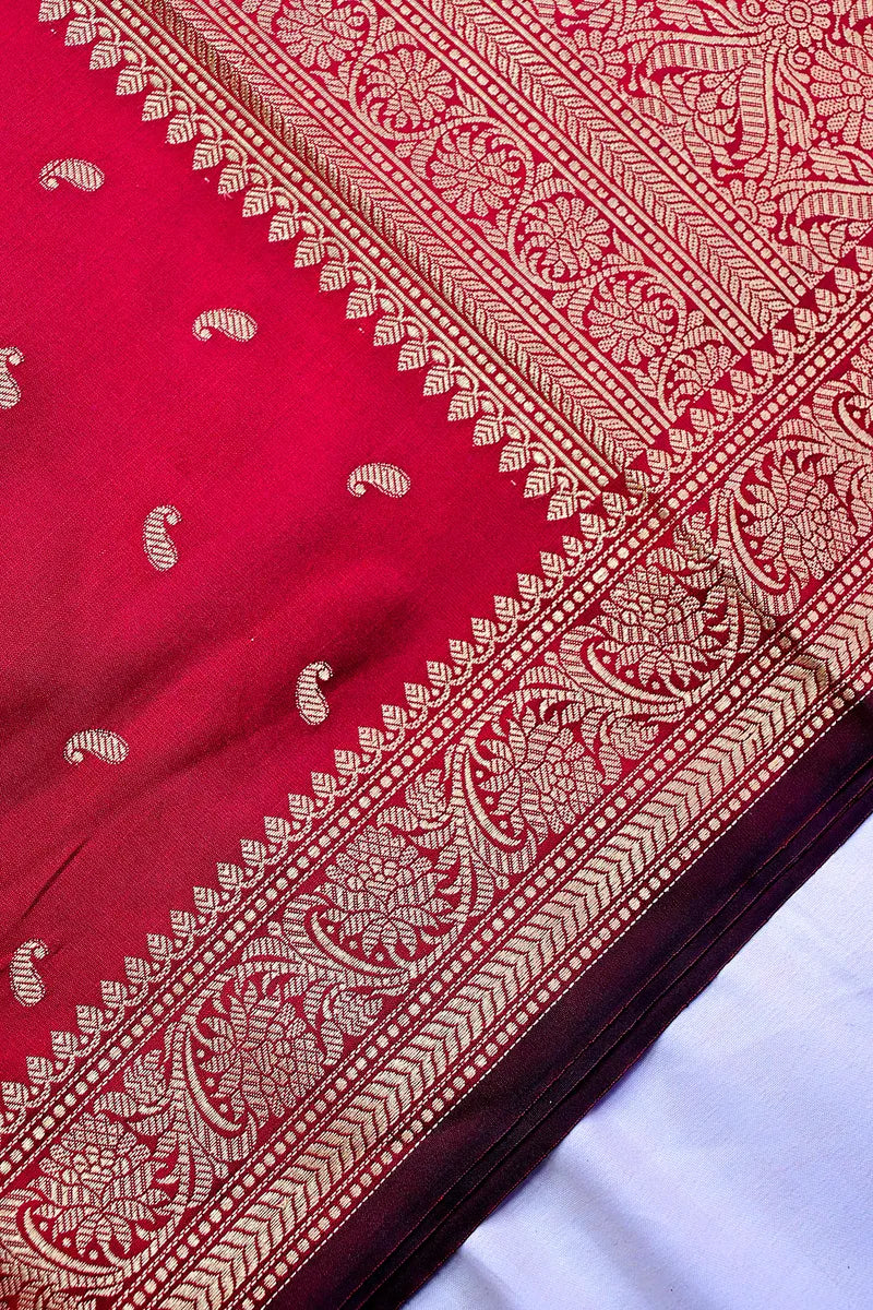 Crimson Red Banarasi Kataan Silk Saree with Golden Zari Paisley Motifs & Woven Border(RLSS-131)