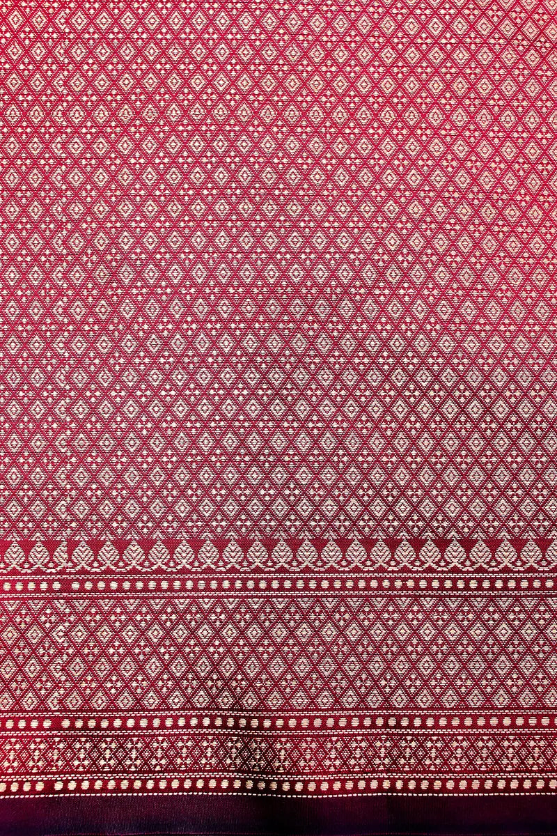 Crimson Red Banarasi Kataan Silk Saree with Golden Zari Paisley Motifs & Woven Border(RLSS-131)