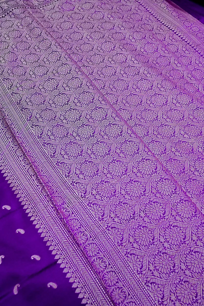 Royal Purple Banarasi Kataan Silk Saree with Golden  Zari Paisley Motifs & Woven Border(RLSS-132)