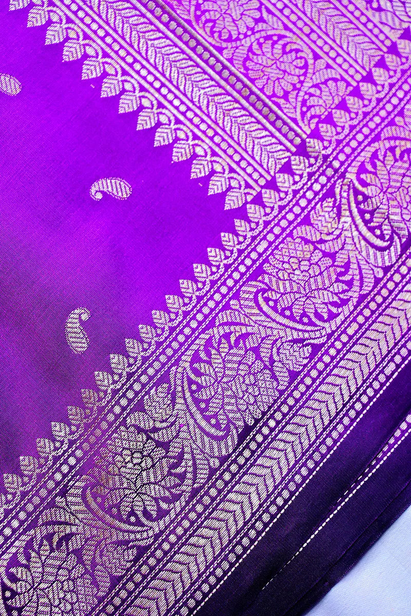Royal Purple Banarasi Kataan Silk Saree with Golden  Zari Paisley Motifs & Woven Border(RLSS-132)