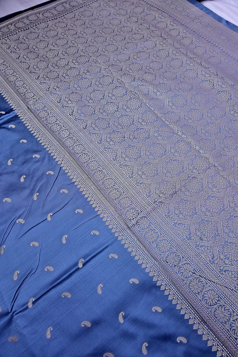 Slate Grey Banarasi Kataan Silk Saree with Golden  Zari Paisley Motifs & Woven Border(RLSS-133)