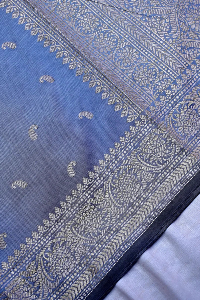 Slate Grey Banarasi Kataan Silk Saree with Golden  Zari Paisley Motifs & Woven Border(RLSS-133)